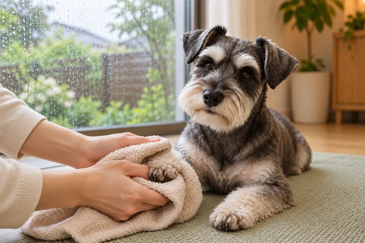 マットに伏せた犬の前足を、飼い主がタオルで優しく拭いている