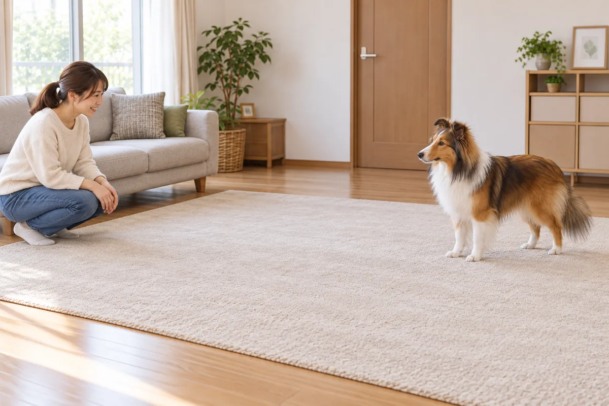 閉じた室内で、間に障害物のない距離を空けて向かい合う飼い主と同じ犬