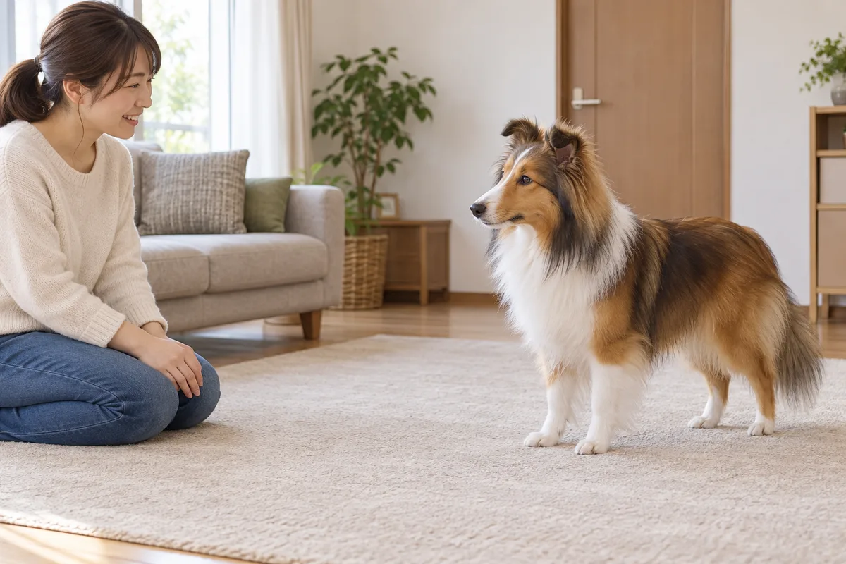 閉じた室内で、近くにいる飼い主へ顔を向けるセーブルのシェットランド・シープドッグ