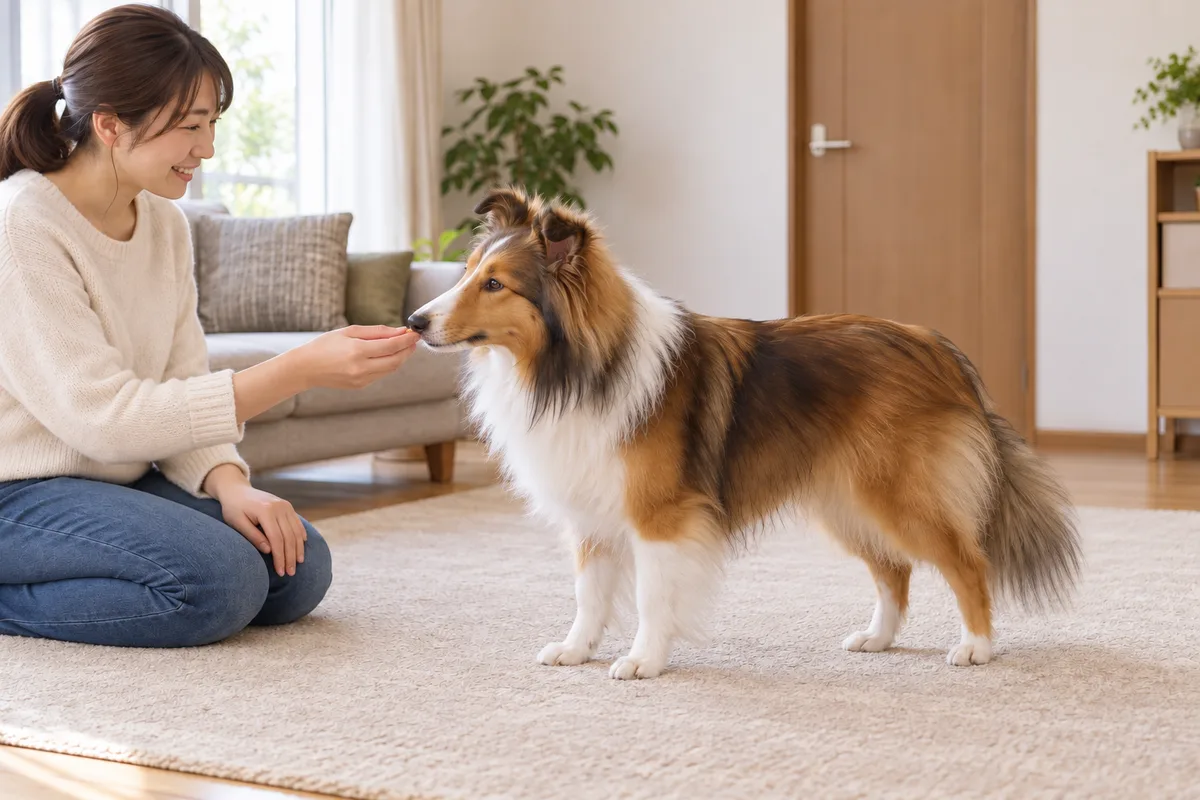 飼い主のそばへ来たシェットランド・シープドッグが、口元の高さで小さなご褒美を受け取る