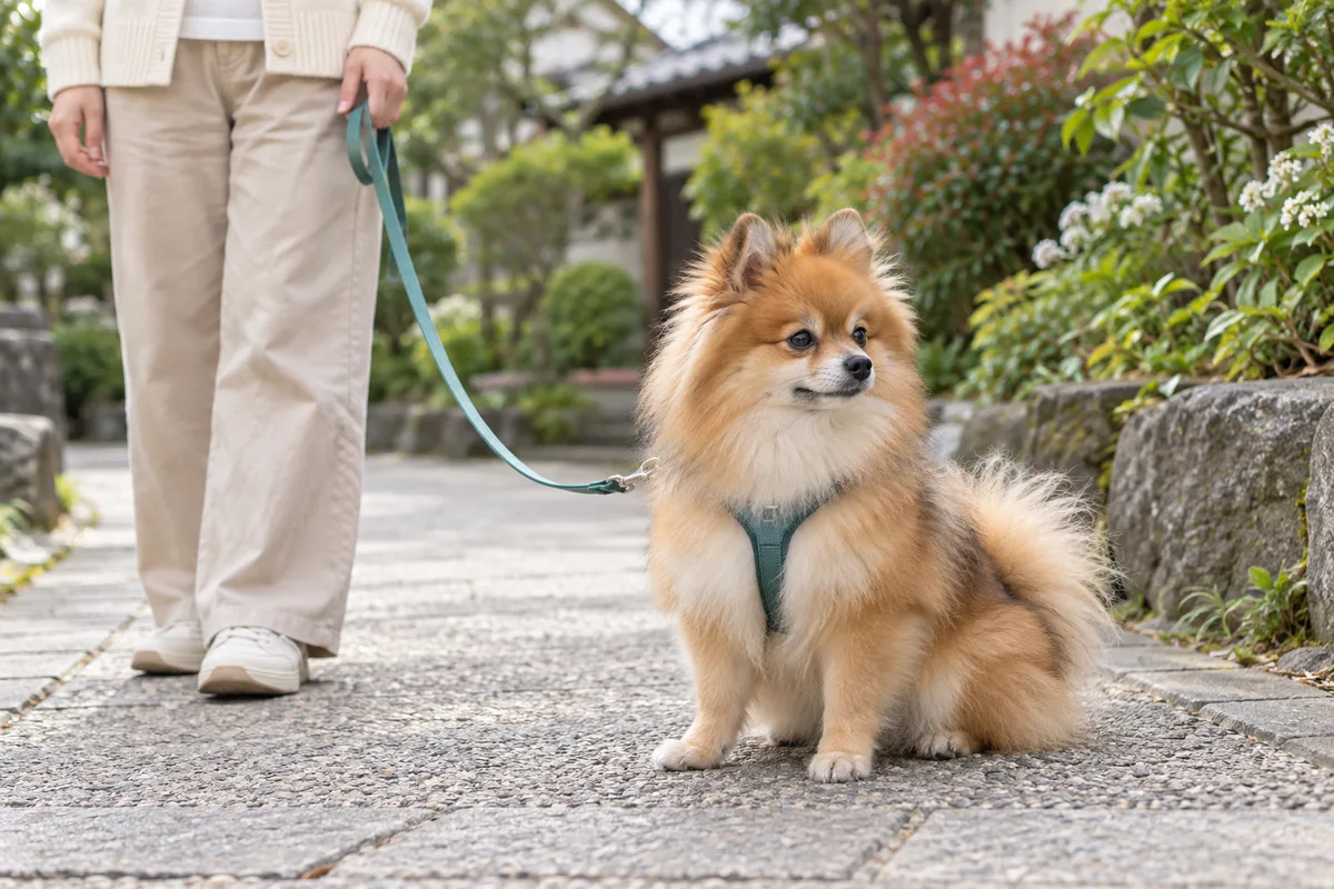 静かな歩道で座るポメラニアンのそばで、飼い主がリードを緩めて立っている