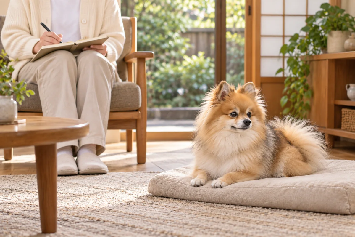 マットで休む犬から少し離れ、飼い主がノートへ記録している