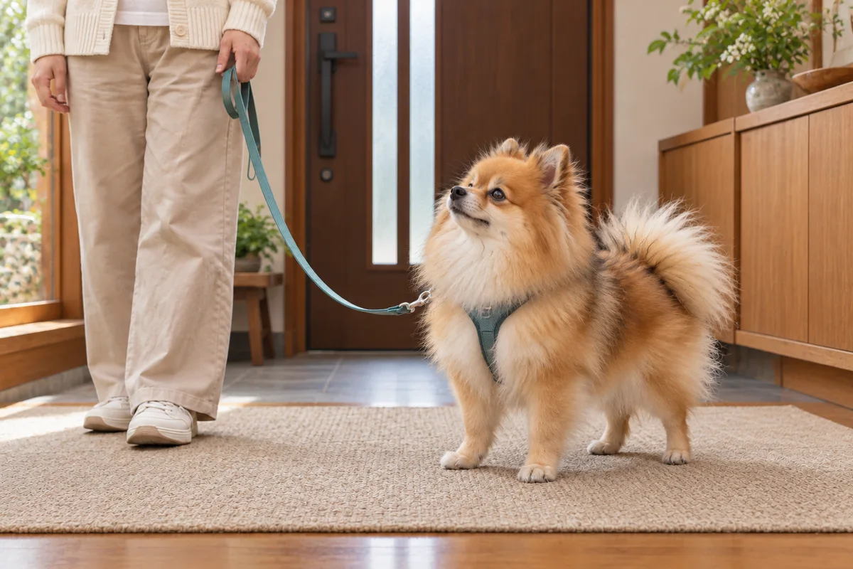 閉じた玄関の内側で、犬と飼い主が立ち止まっている