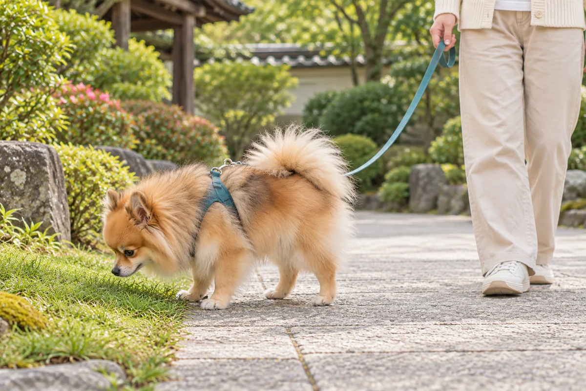 人通りのない道で、飼い主がリードを保持するそばで草のにおいを嗅ぐ犬