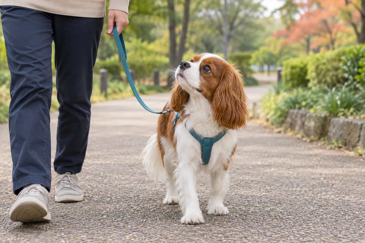 青緑のハーネスを付け、清潔な散歩道で飼い主へ顔を向けるキャバリア