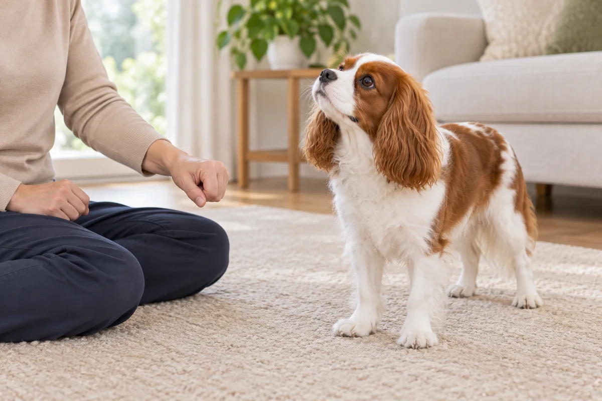 室内で飼い主の閉じた手から鼻先を離し、上へ顔を向ける犬