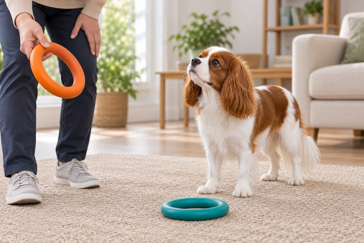 床に大きなリング状のおもちゃがあり、犬が飼い主の持つ別のおもちゃへ顔を向ける様子