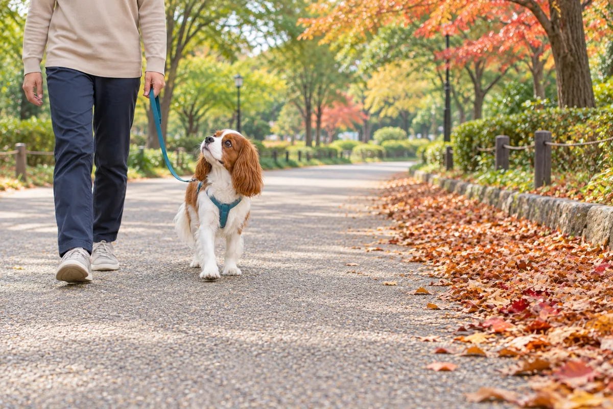落ち葉が積もる歩道の端から離れ、開けた場所を飼い主と歩く犬