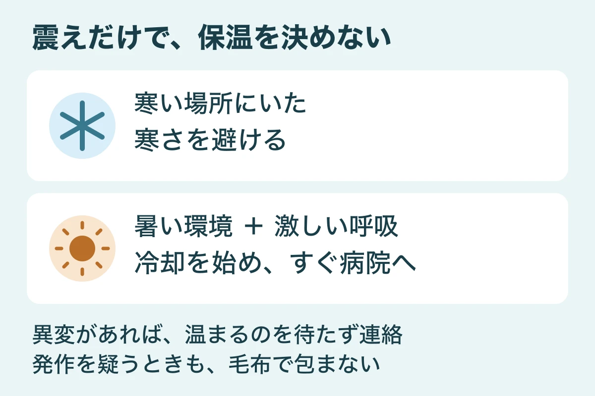 寒い環境への対応と、暑い環境で息が荒い場合の対応を分けた図