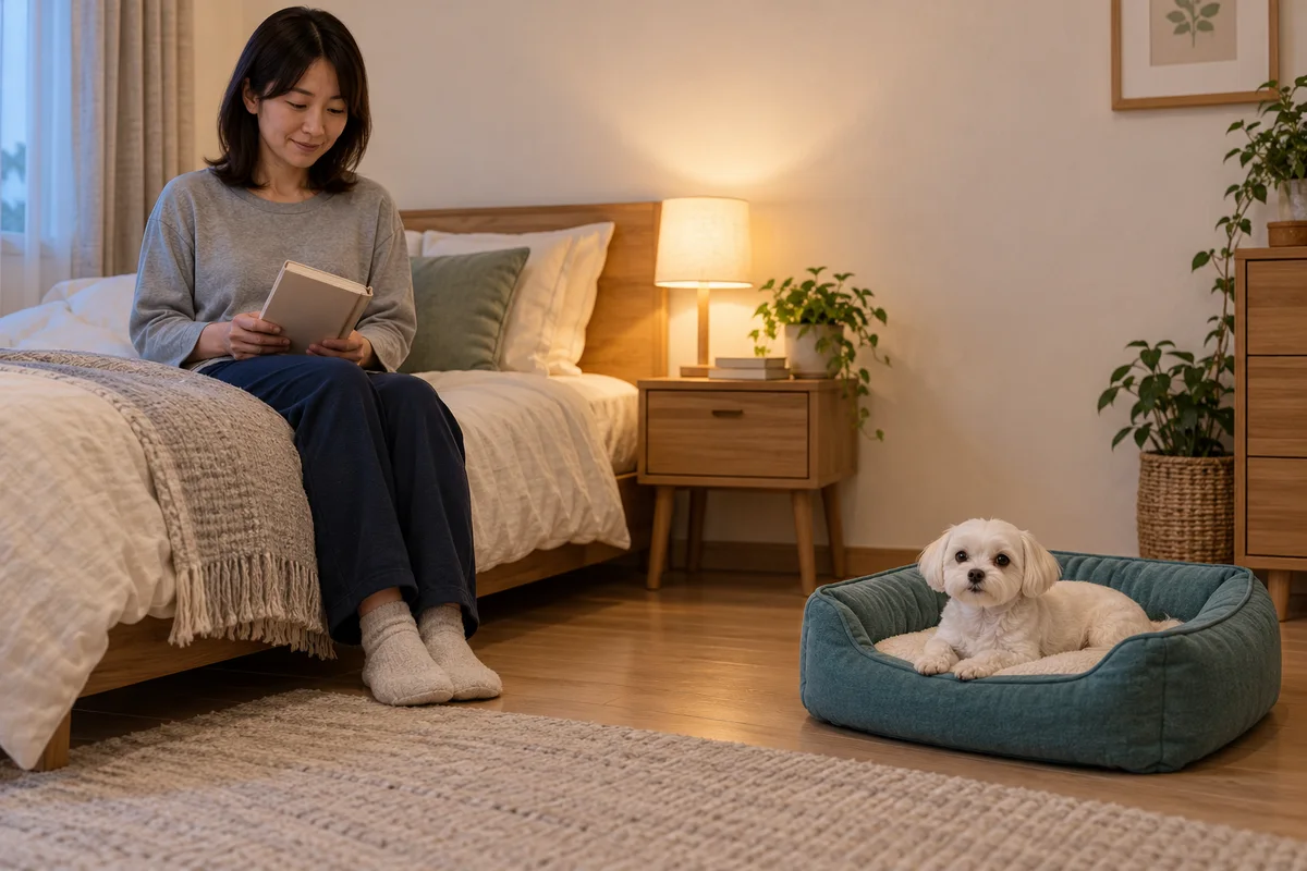 人のベッドに座る成人と、同じ部屋の床に置いた専用ベッドで休む白いマルチーズ