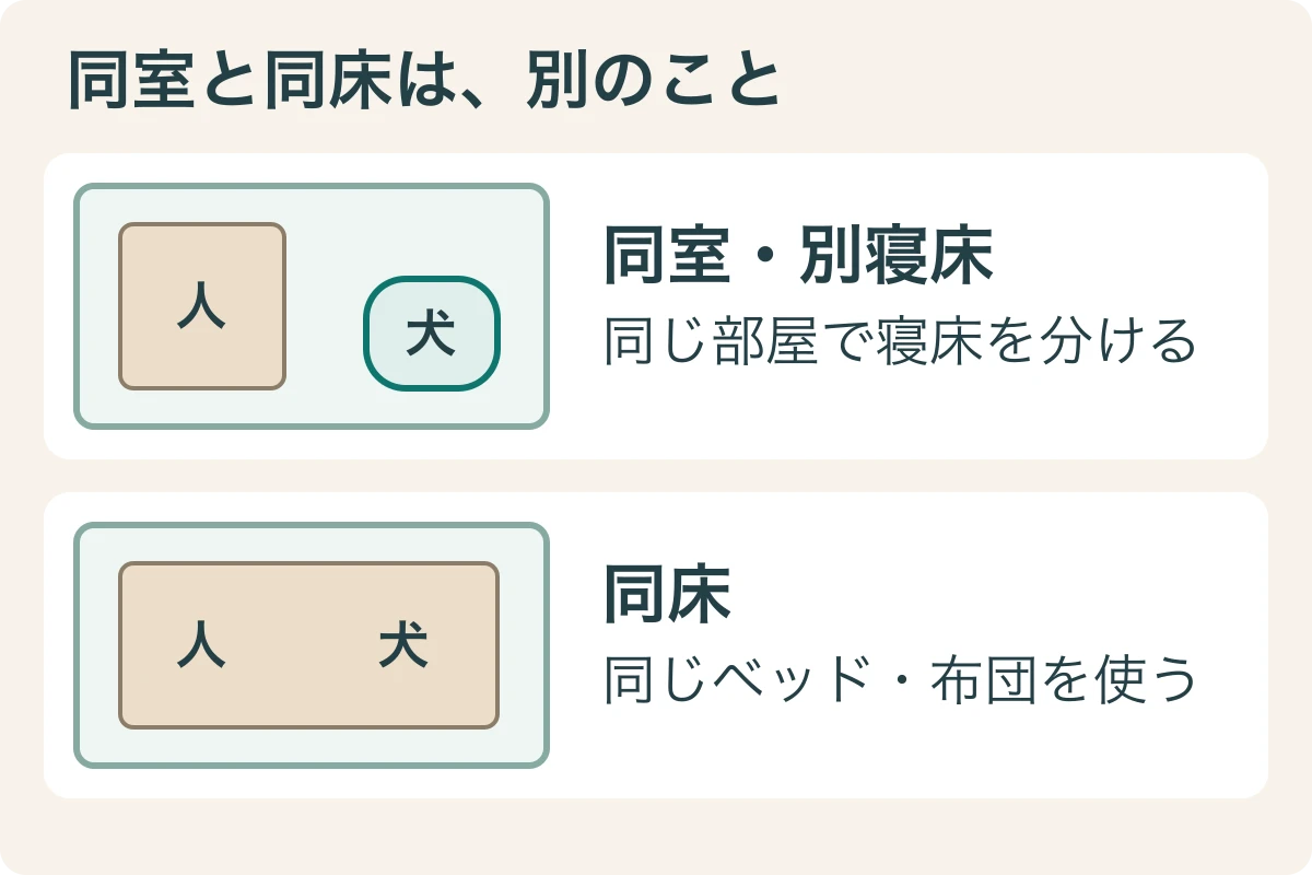 同室は一つの部屋で寝床を分ける配置、同床は一つの寝具を共有する配置として示した比較図