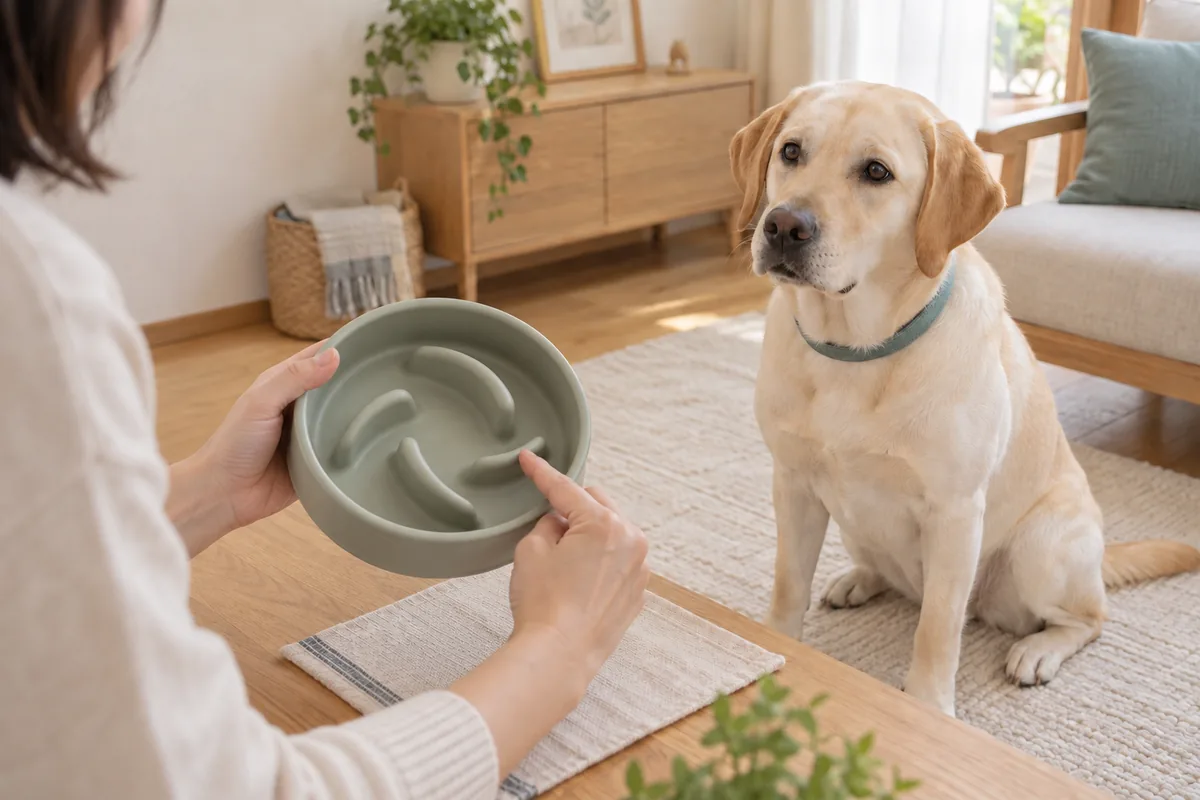 飼い主が空の早食い防止皿の浅く広い溝を確認し、背景で同じラブラドールが座っている