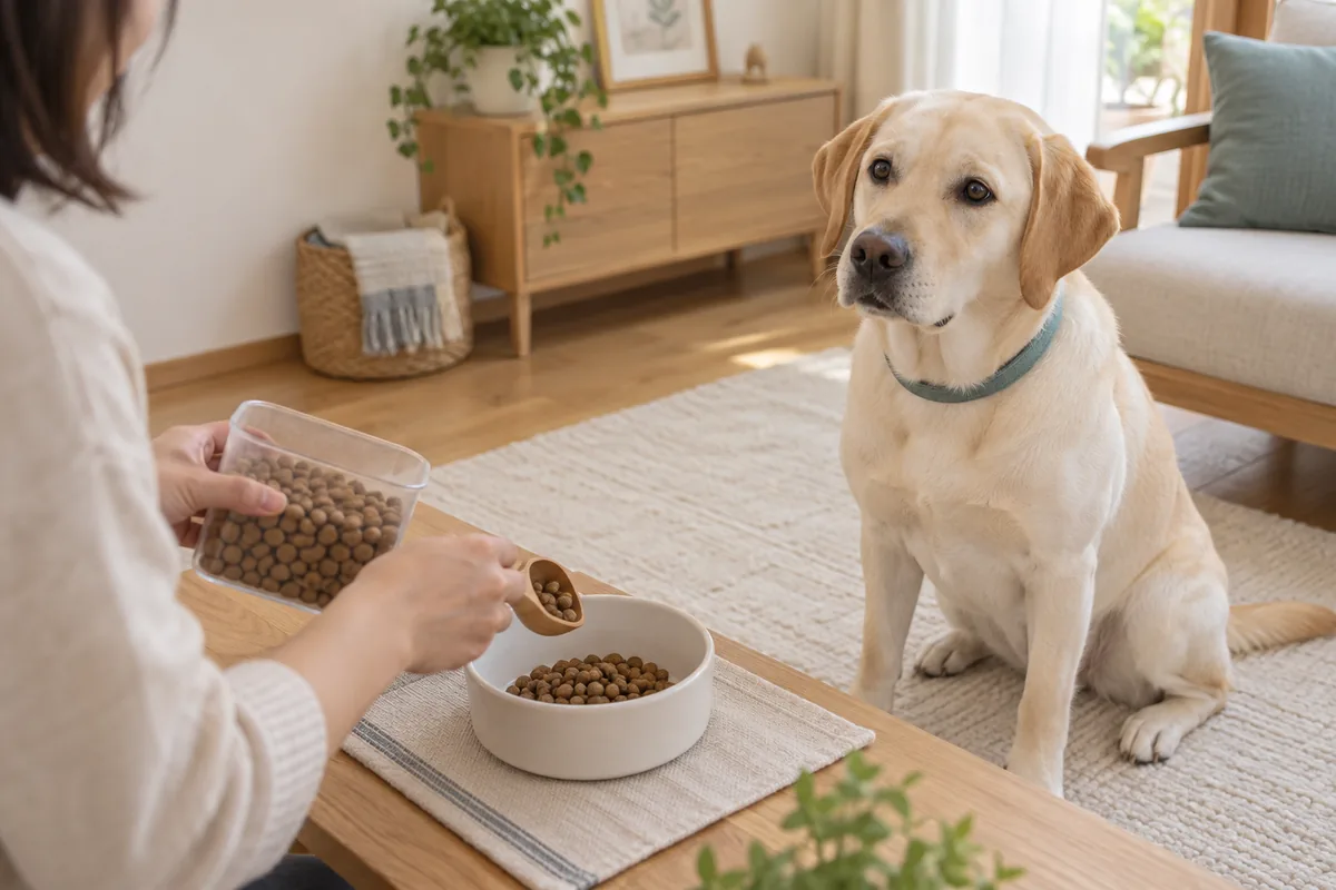 食事を準備する飼い主の横で、青緑の首輪を着けたクリーム色のラブラドールが落ち着いて待っている