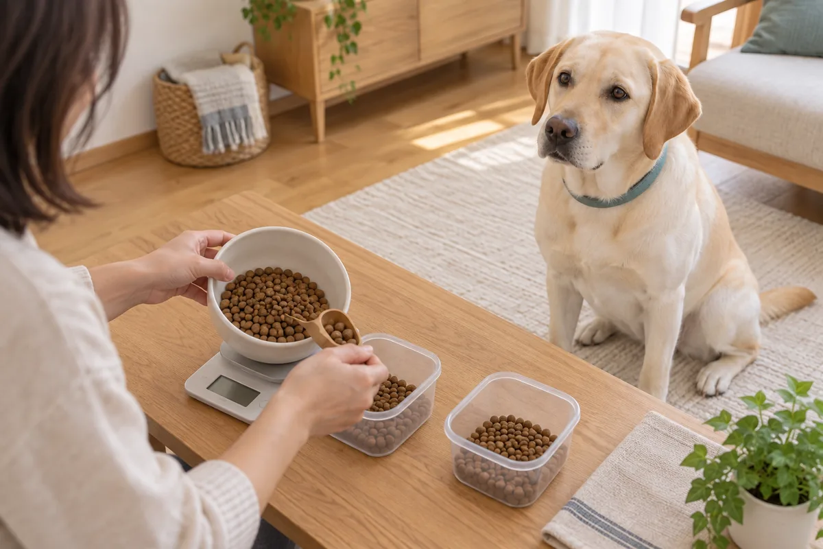 飼い主がはかりと小さな容器を使ってドライフードを取り分け、横で同じラブラドールが待っている