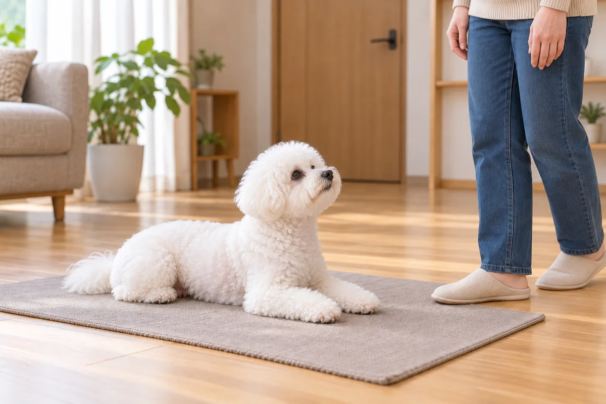 伏せて待つ犬の近くで、飼い主が足の位置を少し変えている室内の配置