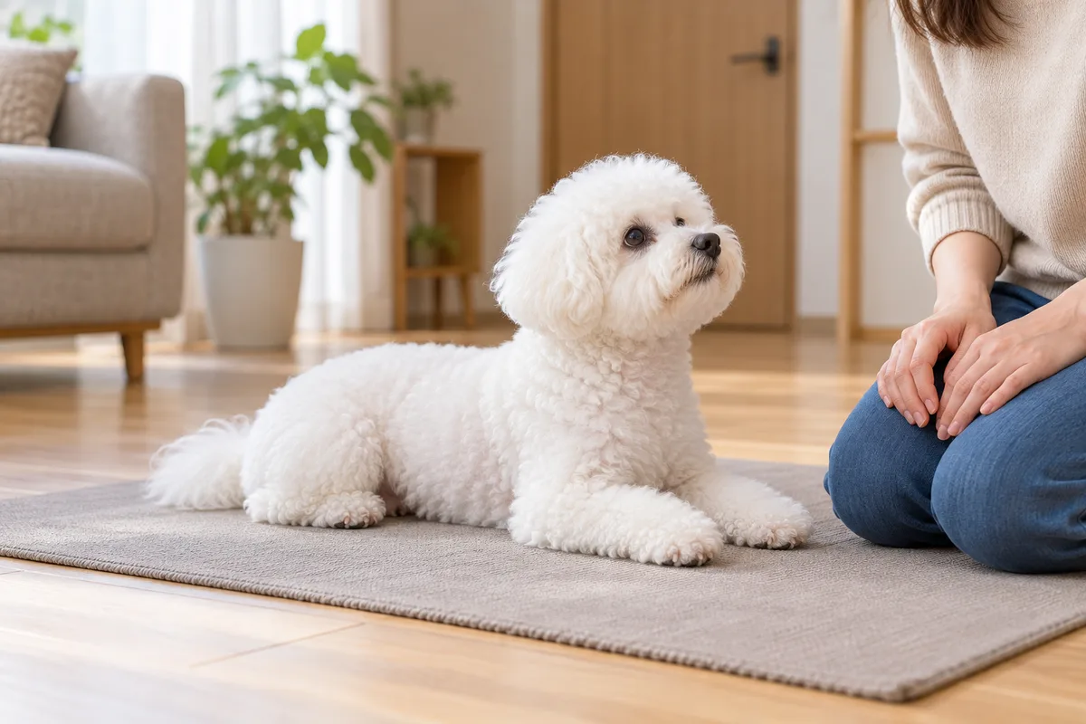 閉じた室内のマットで、近くにいる飼い主を見ながら伏せる白いビション・フリーゼ