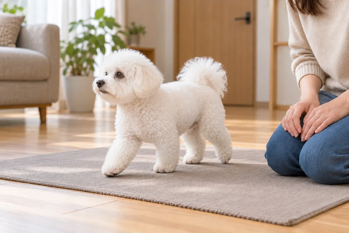飼い主が近くで見守る中、マットの上で立ち上がり横へ歩き出す同じ犬