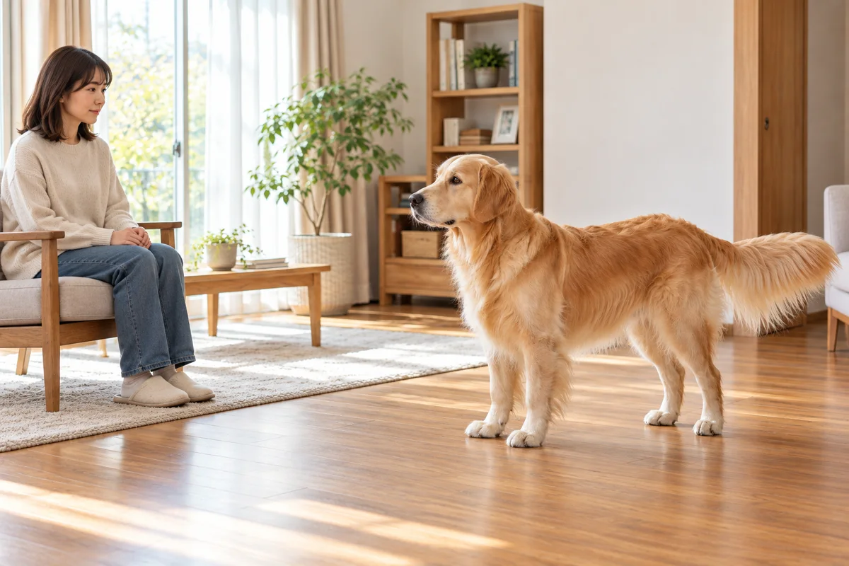 犬から離れた椅子に座り、手を膝に置いている大人と、全身が見える犬