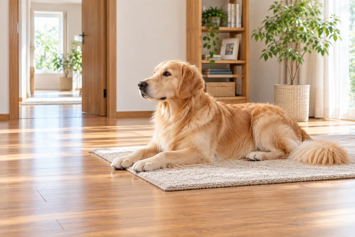 マットで伏せる犬と、室内の別の場所へ続く物の置かれていない床