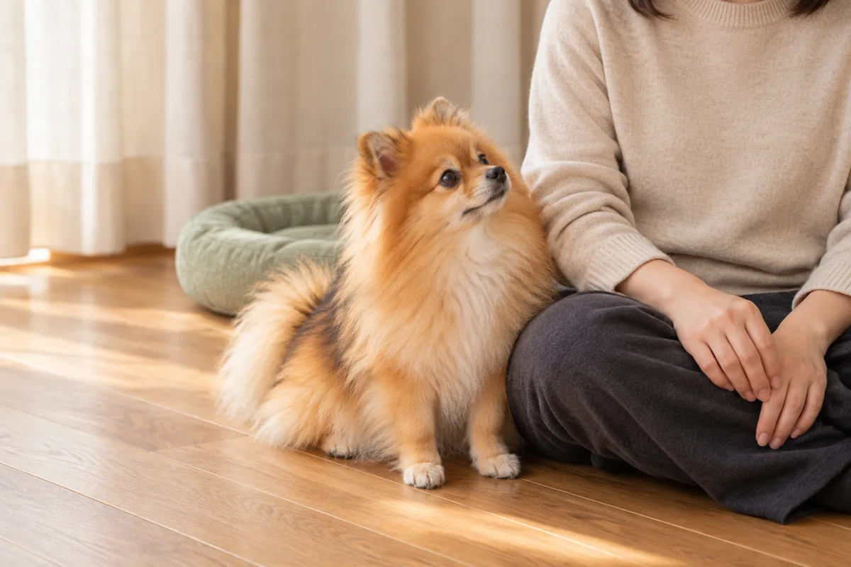 床に座る成人の脚の横へ寄り、自由に離れられる姿勢で座る犬