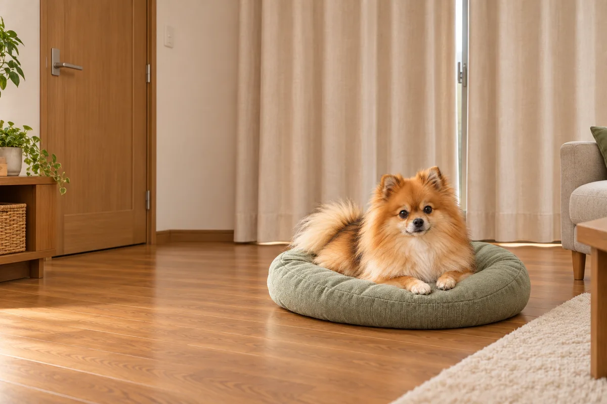 閉じた扉とカーテンのある室内で、出入口から離れたベッドにいる犬