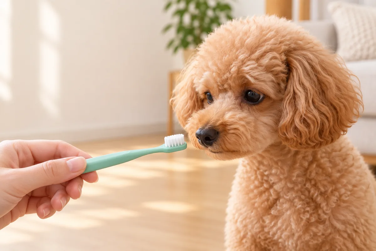 手に持った小さな歯ブラシへ、口を閉じた犬が鼻を近づける様子