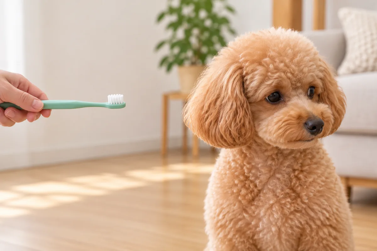 顔を横へ向けた犬から歯ブラシを離し、手が犬に触れていない様子