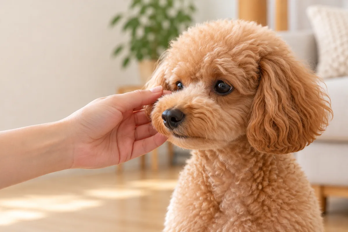 閉じた口の外側で、犬の頬に手を軽く添える様子