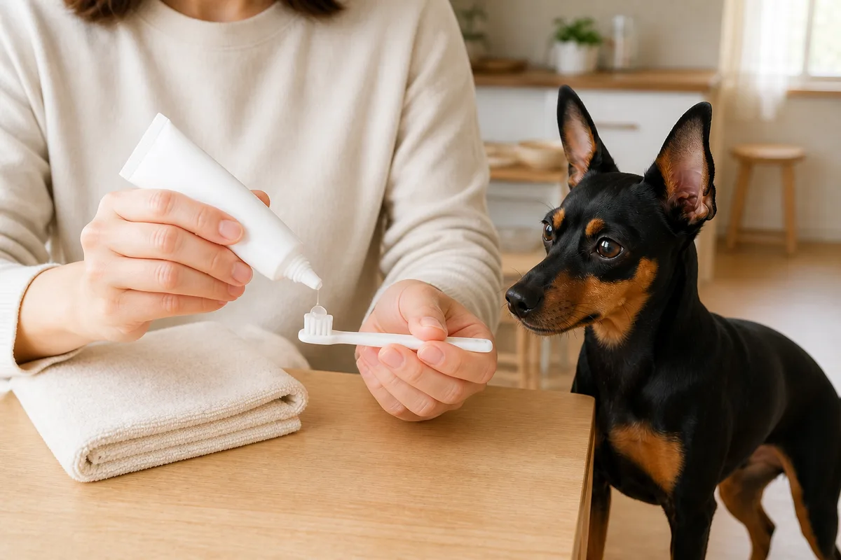 やわらかい犬用歯ブラシに少量の透明ジェルを載せる飼い主の手元と、落ち着いて待つ黒と茶色のミニチュア・ピンシャー