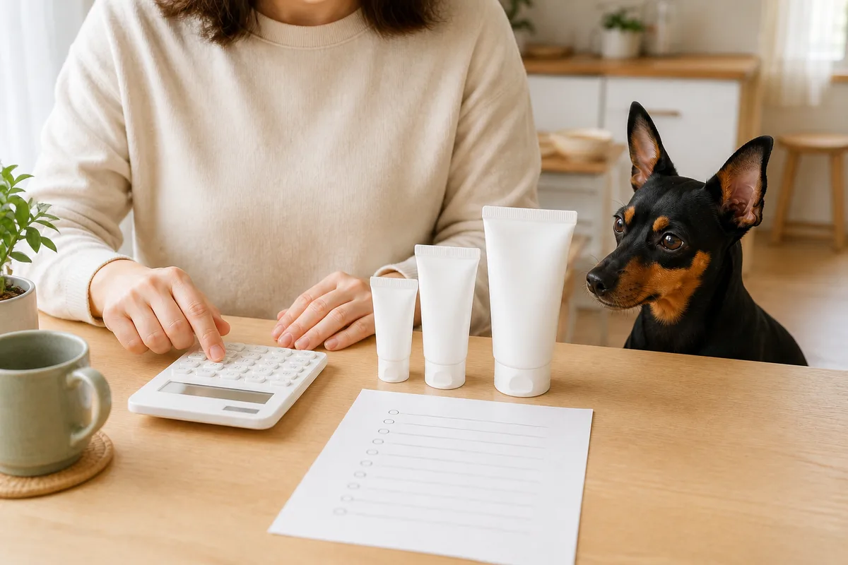 大きさの異なる3本の無地の犬用歯磨き粉を前に、電卓で費用を比べる飼い主の手元と、テーブル越しに見守る黒と茶色のミニチュア・ピンシャー
