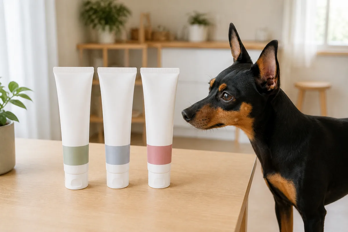色帯だけが異なる3本の無地の犬用歯磨き粉を間隔を空けて並べ、黒と茶色のミニチュア・ピンシャーが少し離れて匂いを確かめている