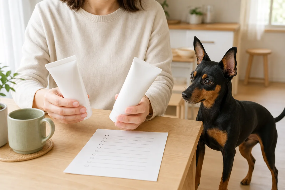 テーブルで無地の犬用歯磨き粉と成分メモを見比べる飼い主を、黒と茶色のミニチュア・ピンシャーが隣から見上げている