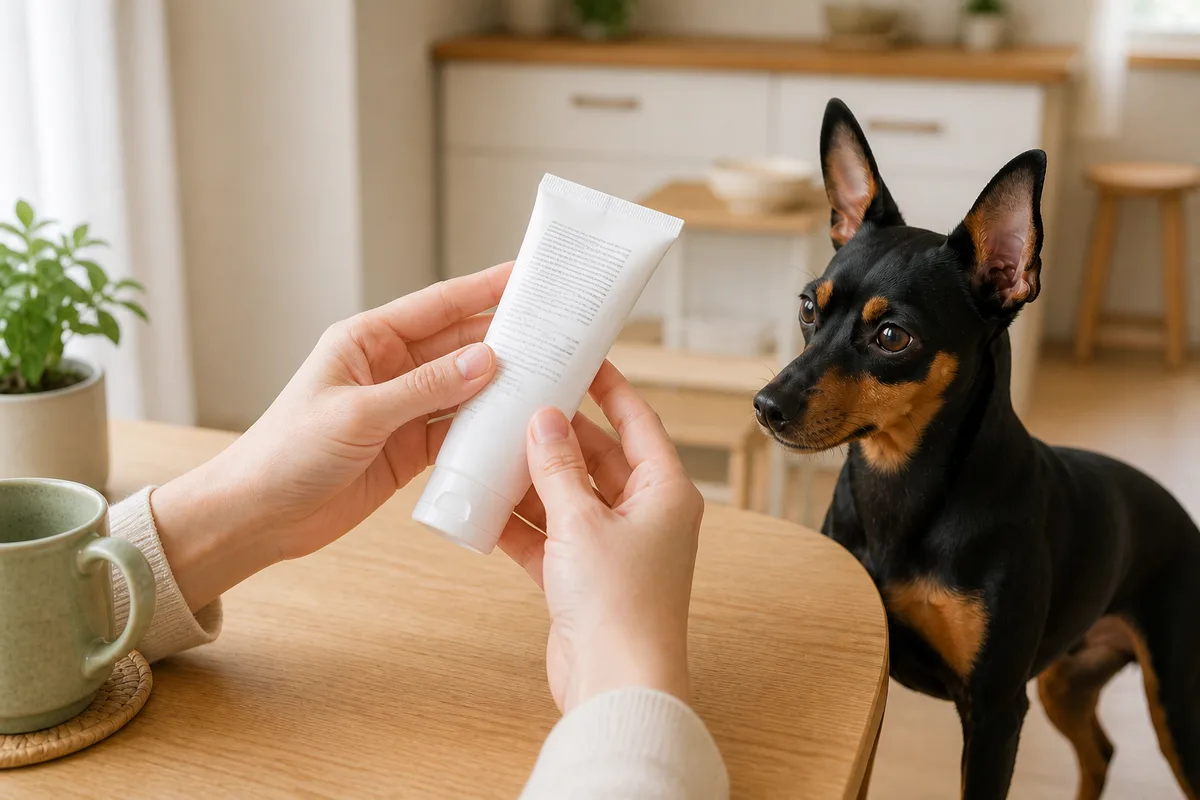 無地の犬用歯磨き粉の成分欄を指で追う飼い主の手元と、テーブル脇から見守る黒と茶色のミニチュア・ピンシャー