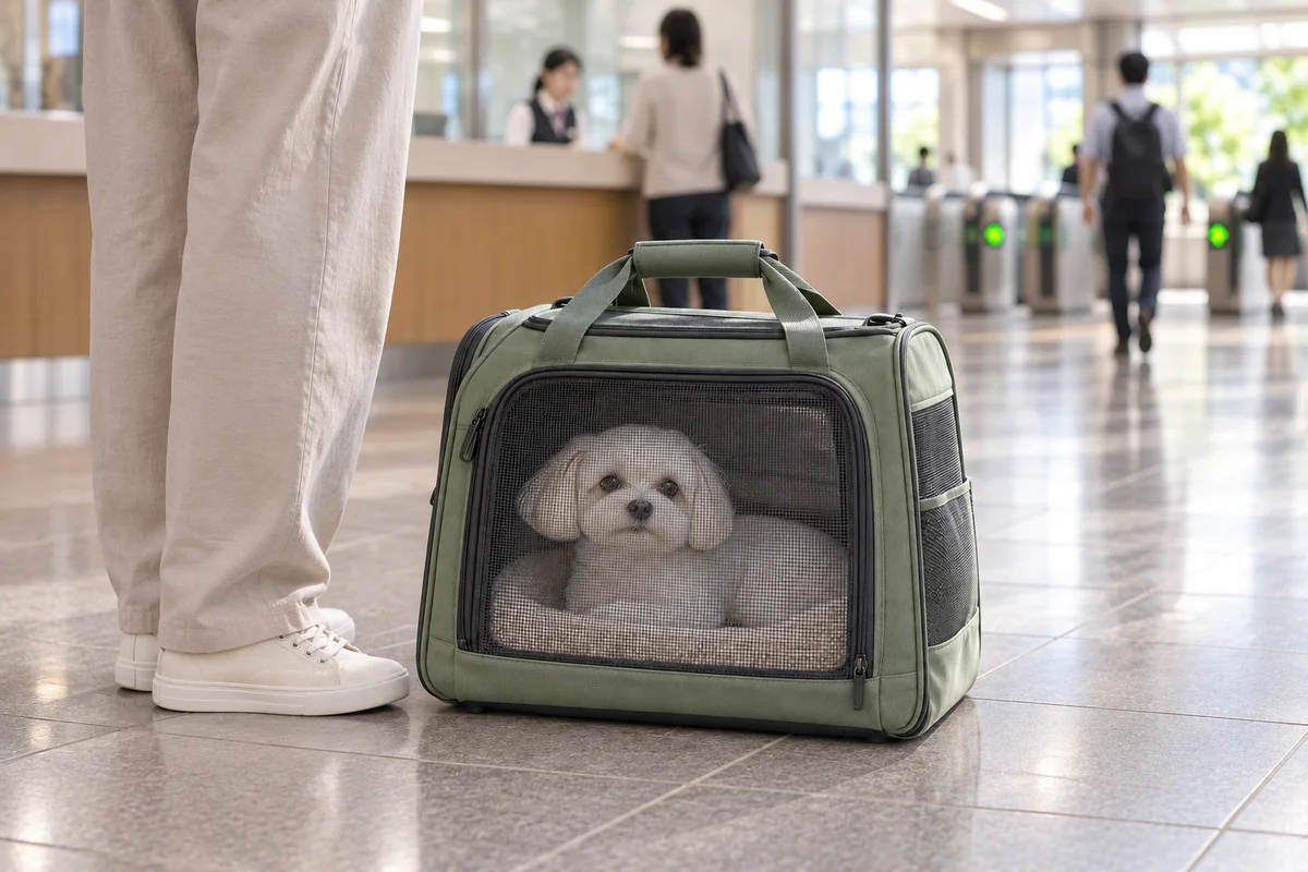 駅の窓口付近で、犬を完全に収めたキャリーとともに待つ飼い主