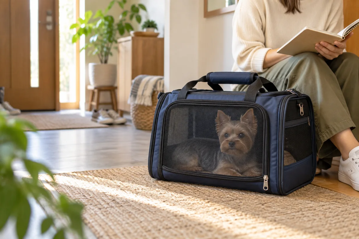 自宅でメモを確認する飼い主の足元で、扉を閉じた紺色のキャリーに全身を収めて休むヨークシャー・テリア