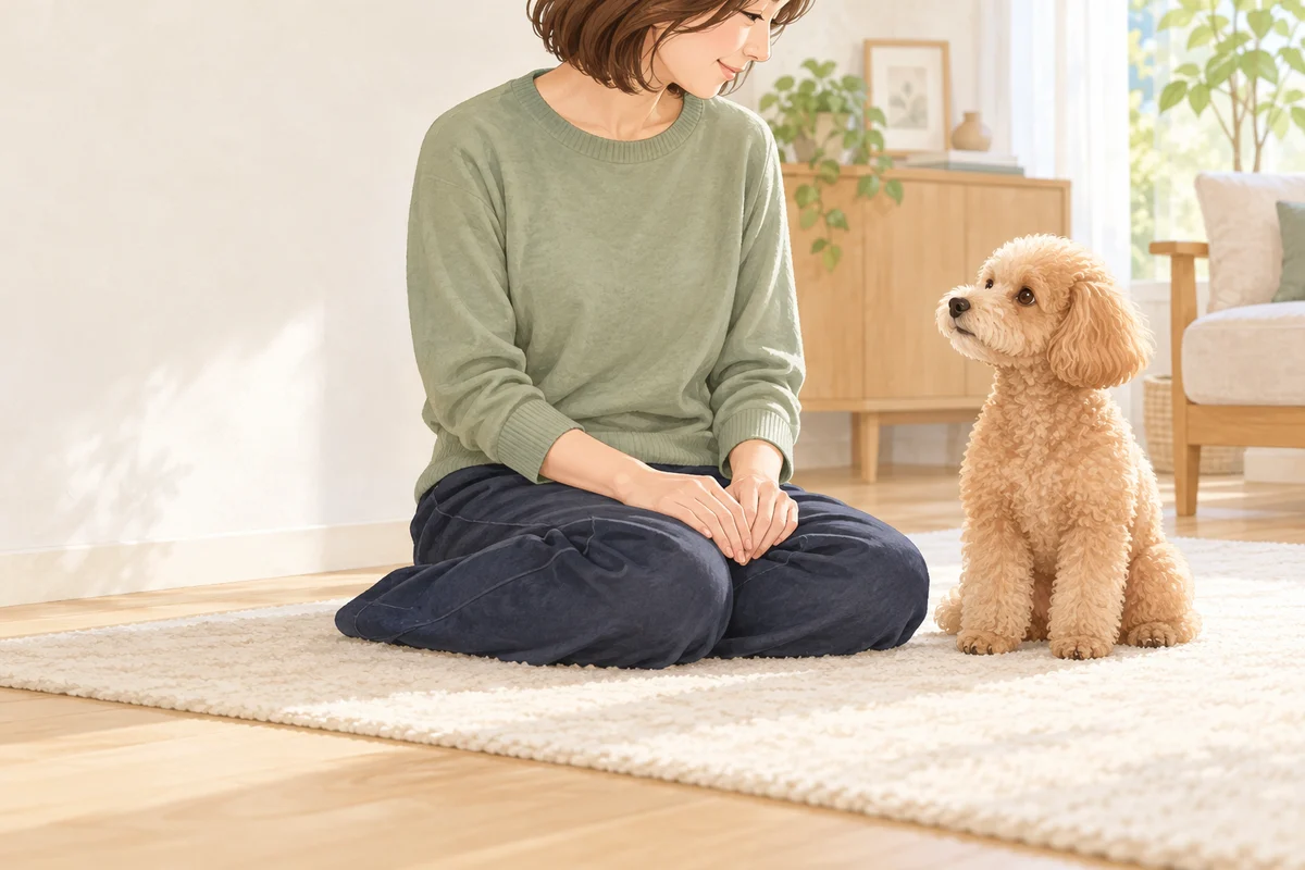 室内のマットで、手を膝に置いた飼い主を見上げるアプリコット色のトイ・プードル