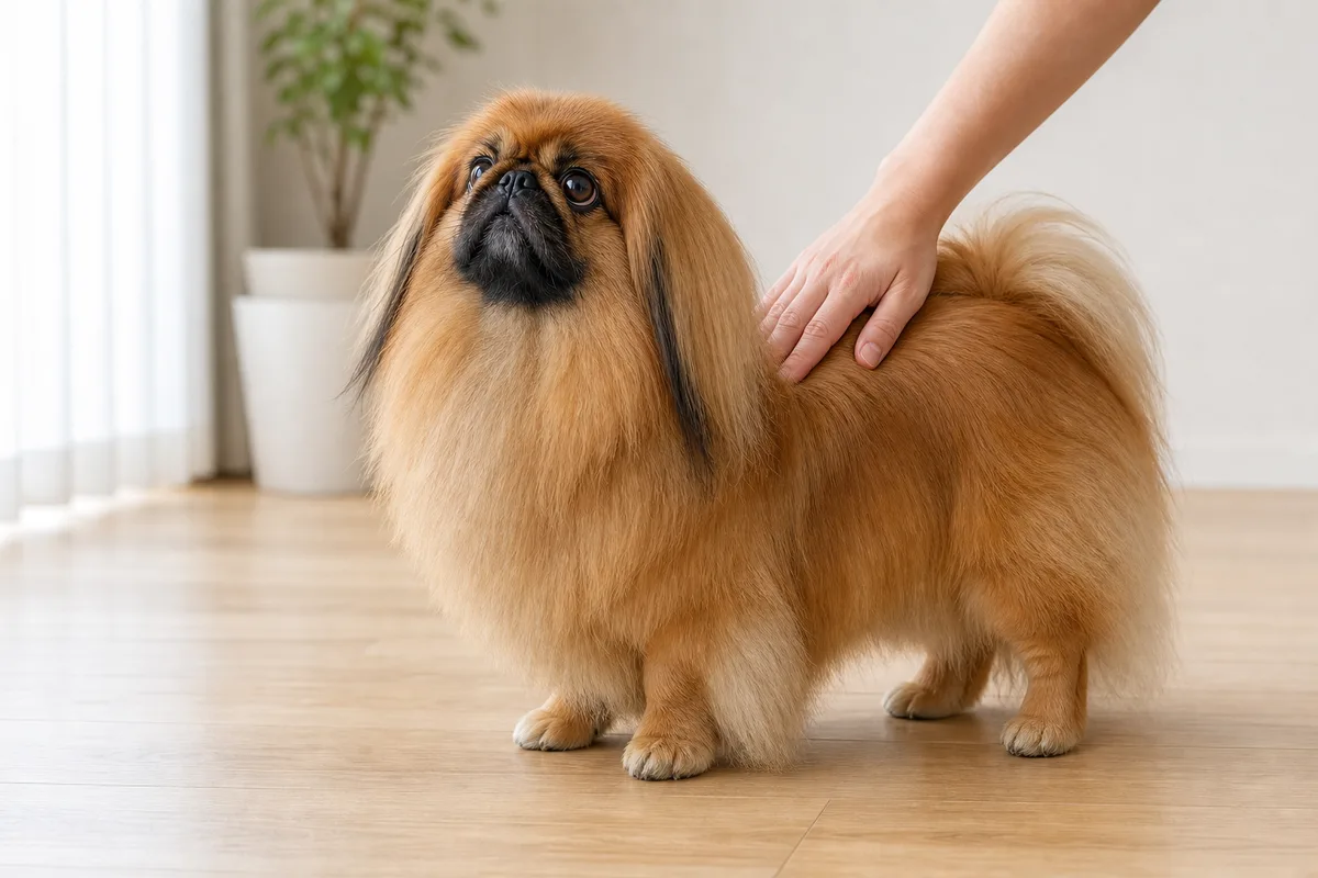 ペキニーズの背中に手を添えて体型を確かめる飼い主