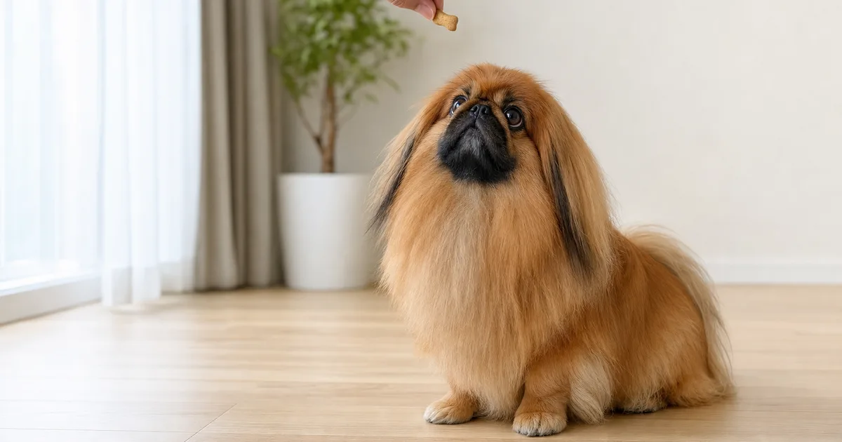 飼い主の手のひらの小さなおやつを見上げるペキニーズ