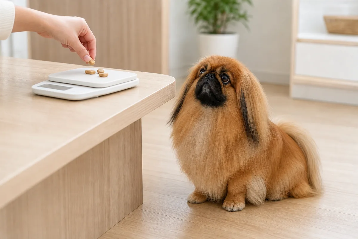 キッチンスケールでおやつを量る飼い主と、待つペキニーズ