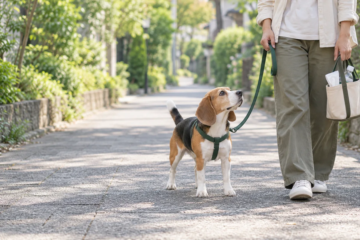 舗装された歩道で、リードを握り散歩バッグを持つ飼い主のそばに立つトライカラーのビーグル