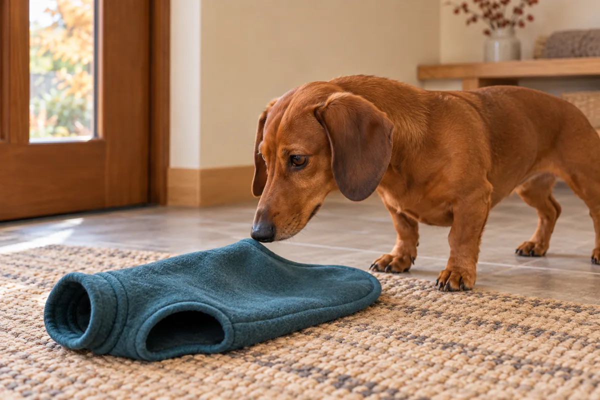 床に置いた青緑色のコートへ、自分から鼻を近づけて調べる犬