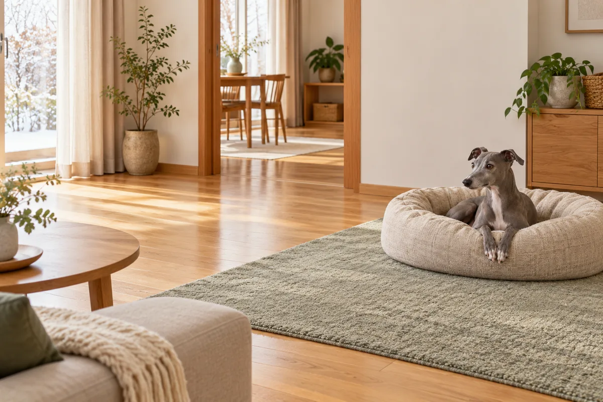 窓から離れた壁側に犬のベッドを置き、前方と隣の部屋への通路を開けたリビング