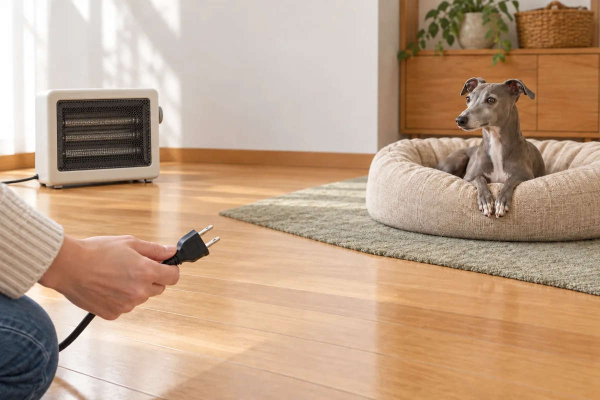 消した電気ストーブのプラグを手に持って確認する飼い主と、離れたベッドの犬