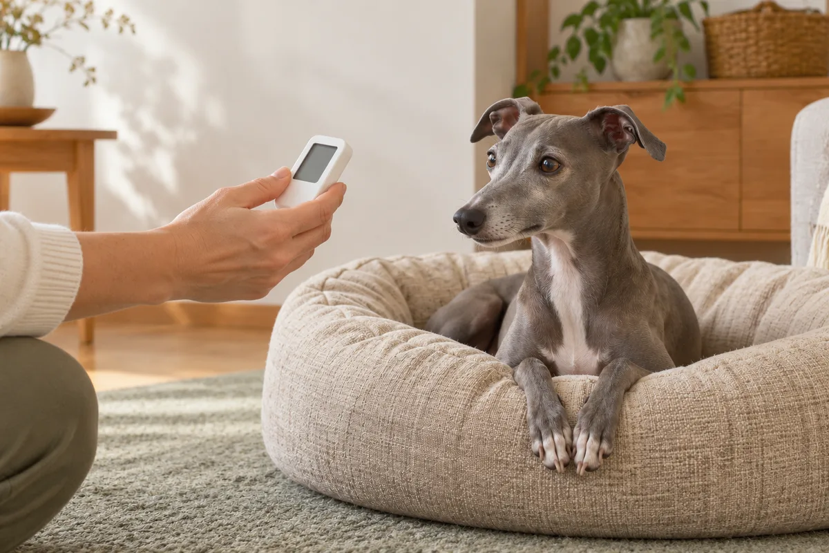 犬が休むベッドの近くで、飼い主が室温計を手に持って確認する様子