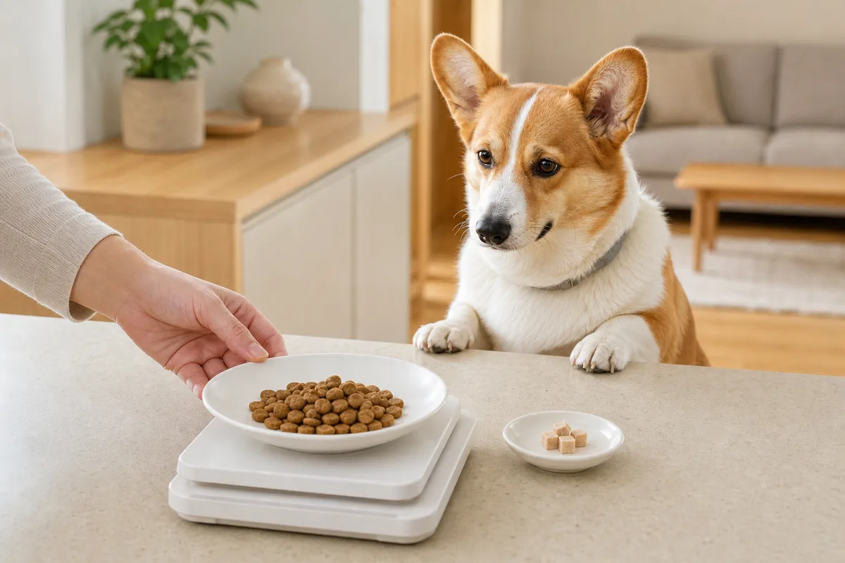 キッチンスケールでドッグフードを計量し、その日のおやつを小皿に取り分けている手元とウェルシュ・コーギー・ペンブローク
