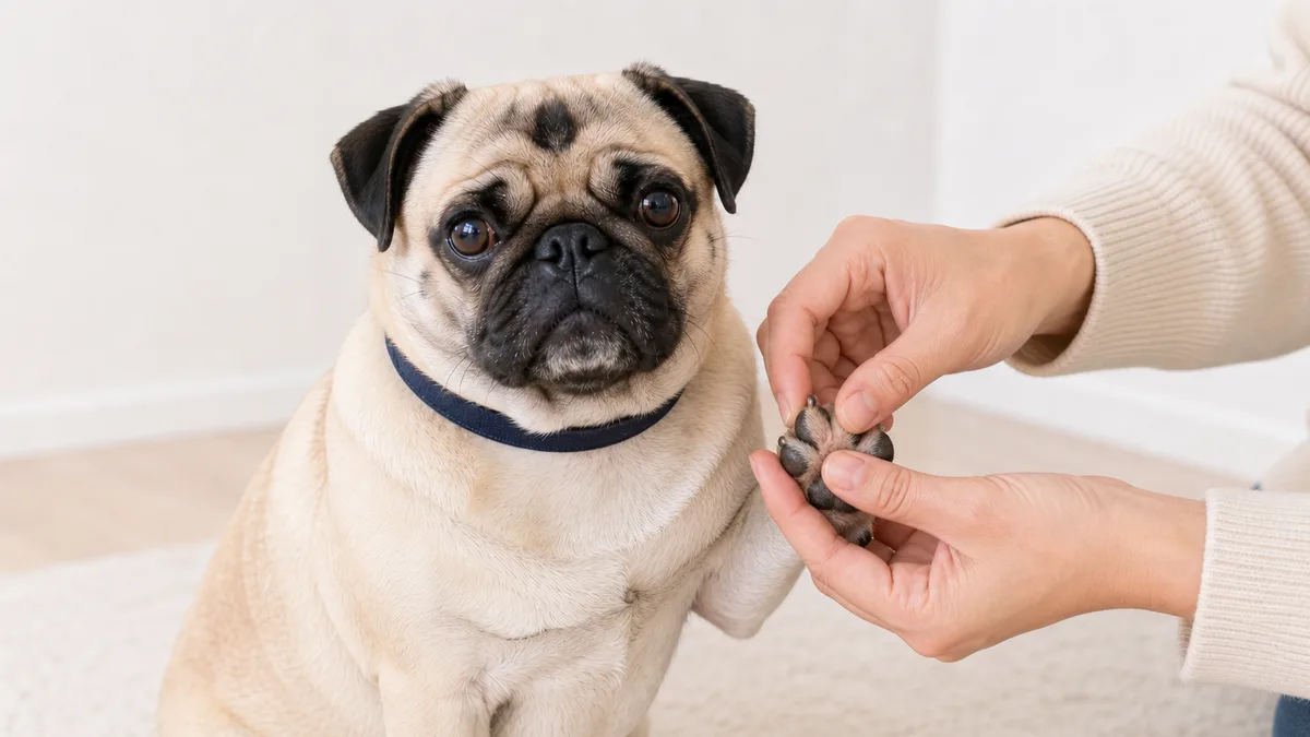 パグの前足を飼い主が明るい室内で手のひらにのせ、指の間を確認している