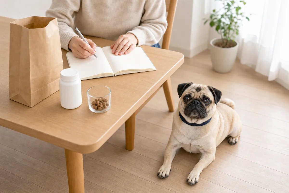 ドッグフードの袋とおやつ、サプリメントを並べてノートに書き出している飼い主と、床で待つパグ