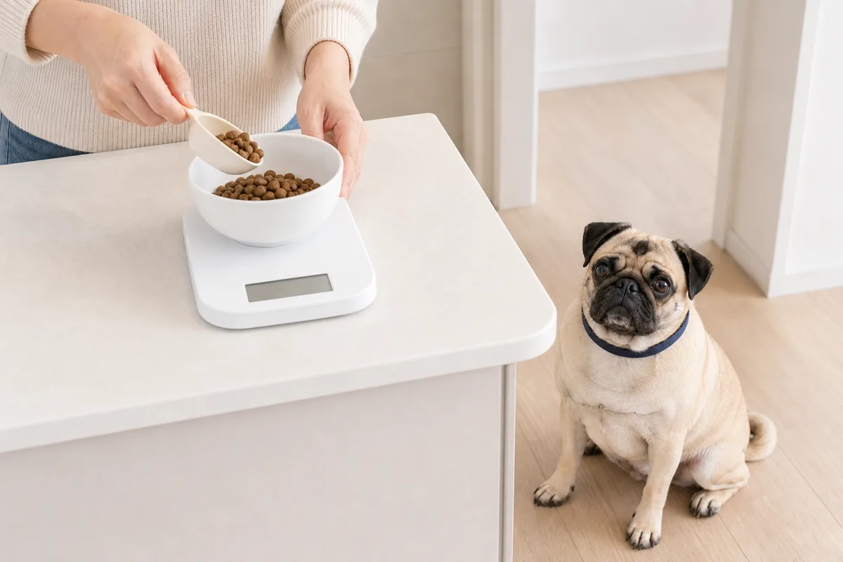 キッチンではかりに載せたドッグフードのグラム数を確認する飼い主と、足元で静かに待つパグ