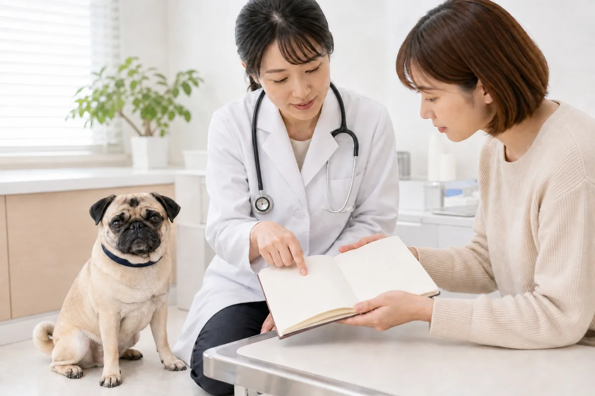 診察室でパグに付き添う飼い主が、食事の記録をまとめたノートを獣医師に見せている