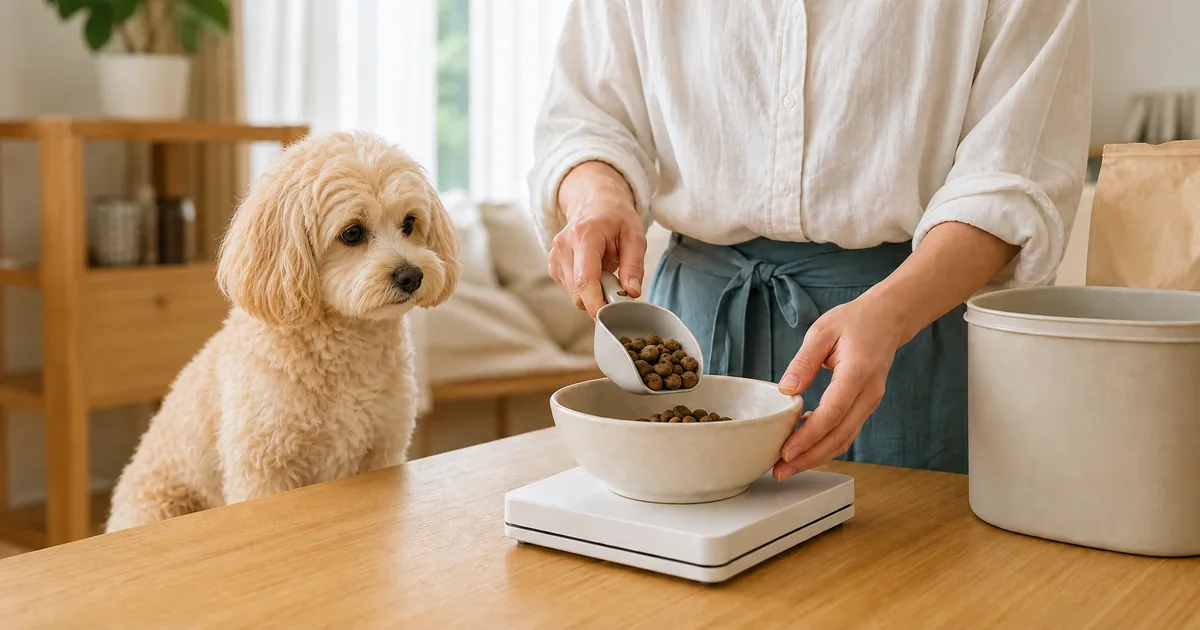 飼い主がキッチンスケールでドッグフードを量り、そばでマルプーが見守っている